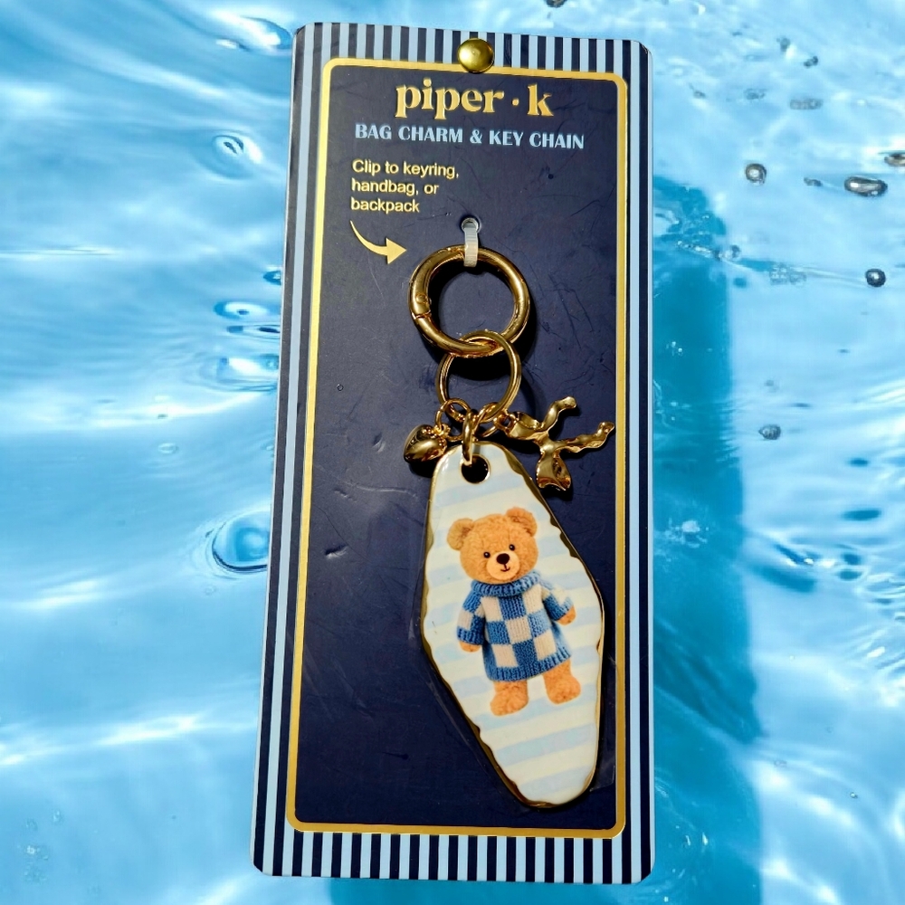 NEW Piper K Blue and Gold Teddy Bear Bag Charm Keychain NWT